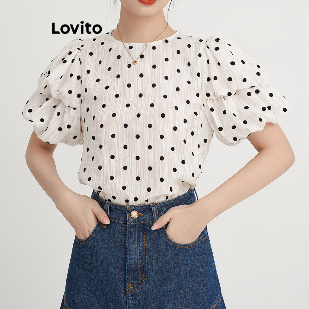 Lovito 女款優雅點點雙層泡泡袖襯衫 LNL38056 (杏色)