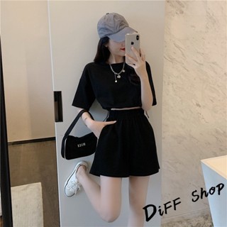 【現貨速發】 【DIFF】韓版運動高腰短版上衣+短褲 兩件套 休閒套裝 短袖上衣 短袖t恤 女裝 衣服 寬鬆上衣 素T【
