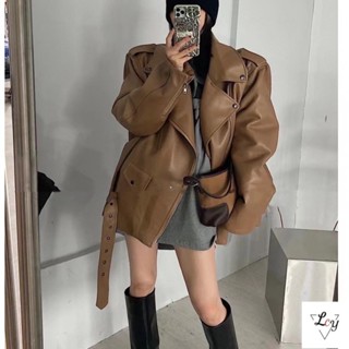 大尺碼中長款風衣外套 歐美風辣妹皮衣外套女2025秋冬韓版寬鬆加棉加厚中長款Pu皮機車夾剋潮