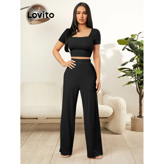 Lovito 女士休閒素色結構線條長褲套裝 LBL08446
