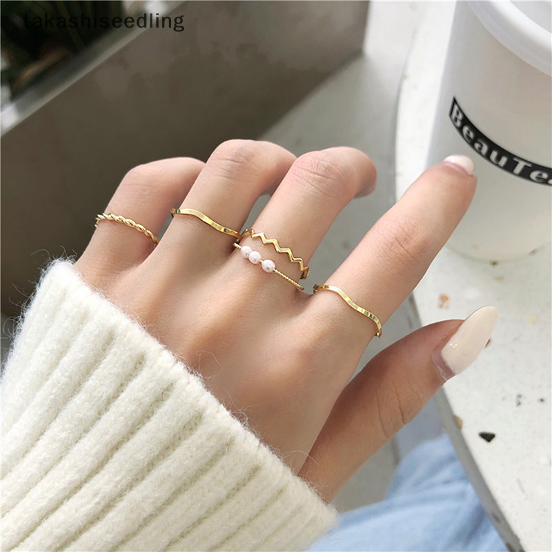 [takashiseedling] 5 件/套時尚首飾戒指套裝金屬鏤空圓形開口女士手指戒指女孩女士派對結婚禮物 [新]