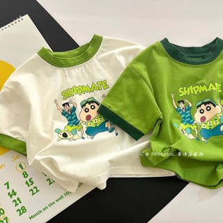 【iBaby】純棉兒童T恤 韓系夏季女童男童綠色洋氣短袖上衣 兒童卡通蠟筆小新印花上衣