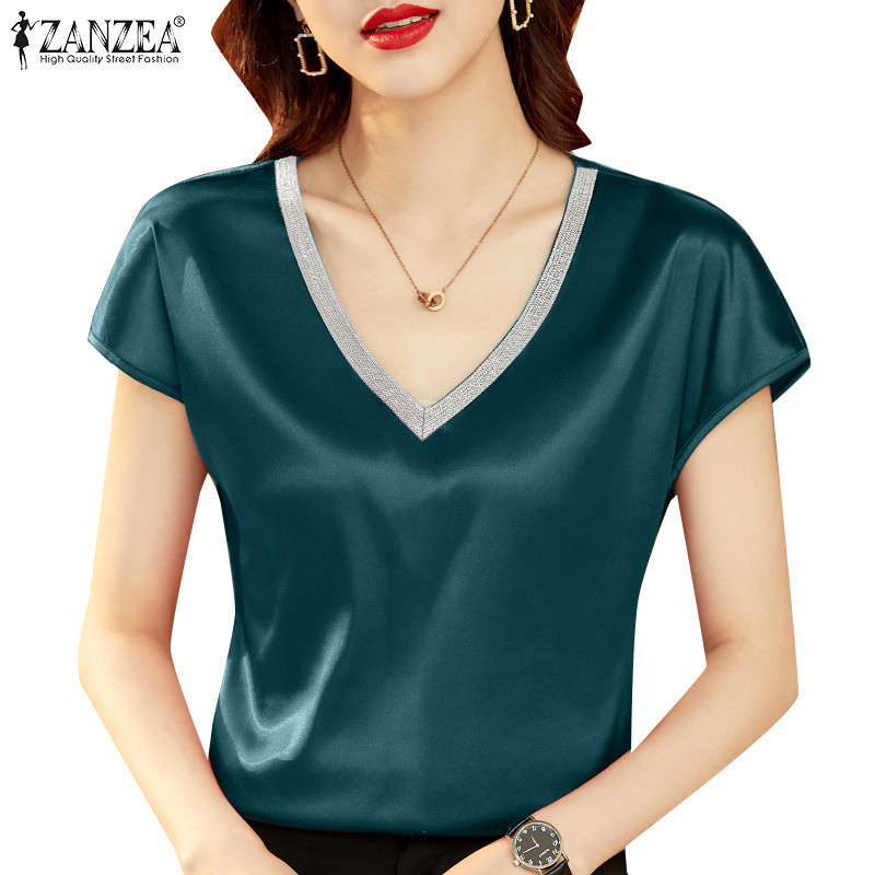 Zanzea 女式韓版日常 V 領短袖純色休閒襯衫