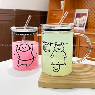 【臺灣出貨】貓咪卡通玻璃杯大容量1000ml 喝水杯子 家用耐高溫學生吸管杯 飲料杯 辦公室茶杯 冷飲杯 隨手杯 馬克杯