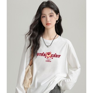 【臺灣出貨】 XH 210g 純棉長袖T恤 oversize寬鬆衛衣內搭打底衫女 2024春季新款上衣 圓領T恤 中圖案