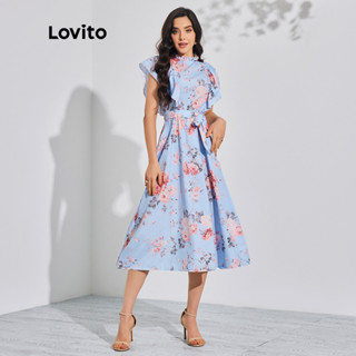 Lovito 波西米亞花卉荷葉邊束帶女式連身裙 LBL08131