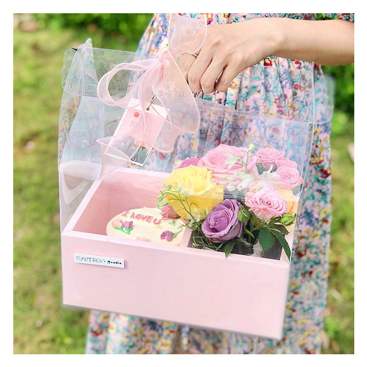 現貨【鮮花包裝】送禮裝蛋糕烘焙花盒 禮盒 摺疊 手提袋 PVC透明包裝盒 鮮花插花