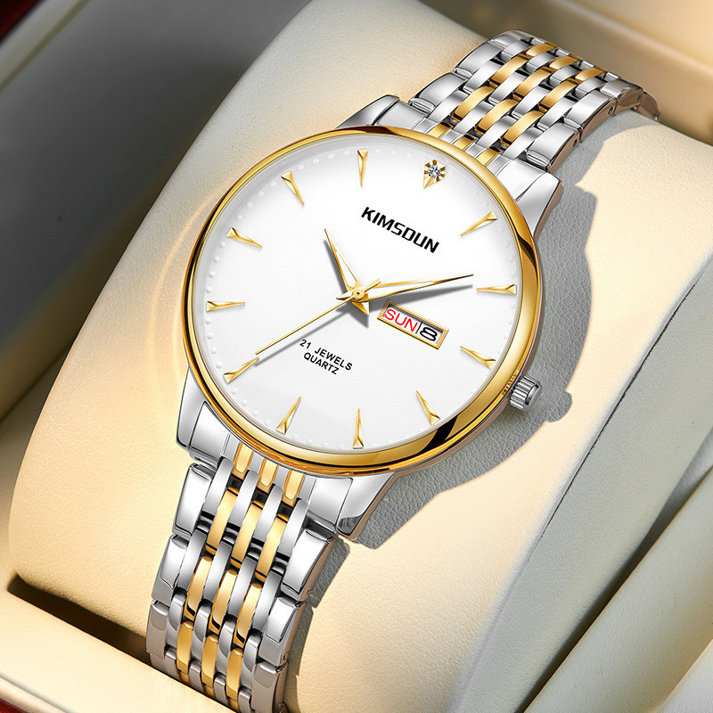 Kimsdun 新款男士時尚手錶雙日曆不銹鋼帶夜燈防水高端石英手錶 K-1802B