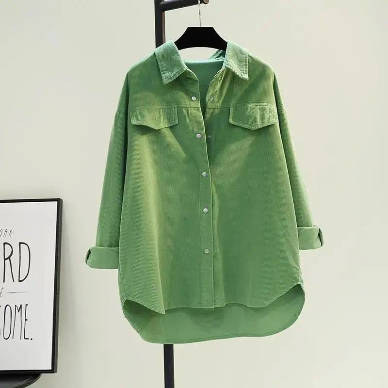 酪梨綠中長款燈芯絨襯衫女2022春季新款加厚雙口袋襯衫外套小外套