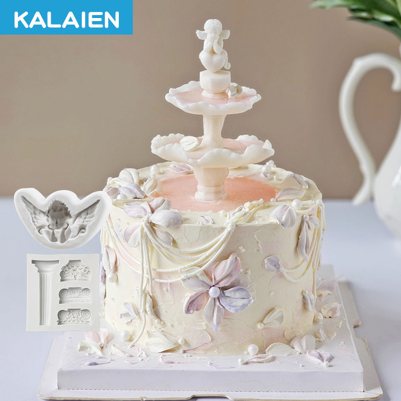 Kalaien天使軟糖矽膠模具許願噴泉生日蛋糕復古水柱流水池小天使軟糖矽膠裝飾模具