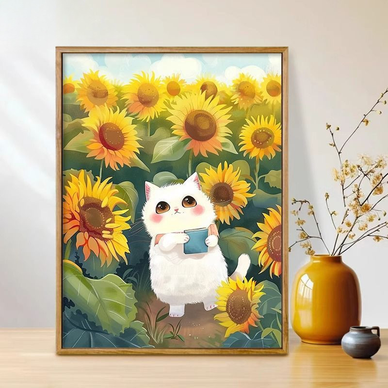 新款現貨向日葵叢中的貓咪 diy數字油畫卡通可愛塗鴉手工畫丙烯填色油彩畫