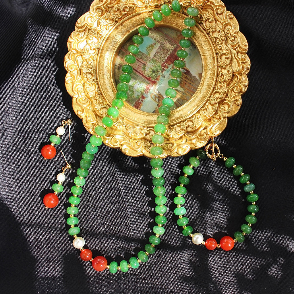 東方韻味 綠天然石串珠 綠瑪瑙  新中式項鍊 復古紅瑪瑙珍珠手鍊 耳環 套裝