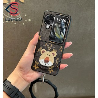 Lushuo OPPO Find n3 N2 Flip 復古皮革後蓋手機殼帶可愛獅子和矽膠環,適用於 findn2 3