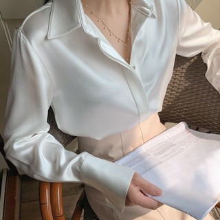 白色絲綢緞面春季新款別緻長袖襯衫女裝職業襯衫秋