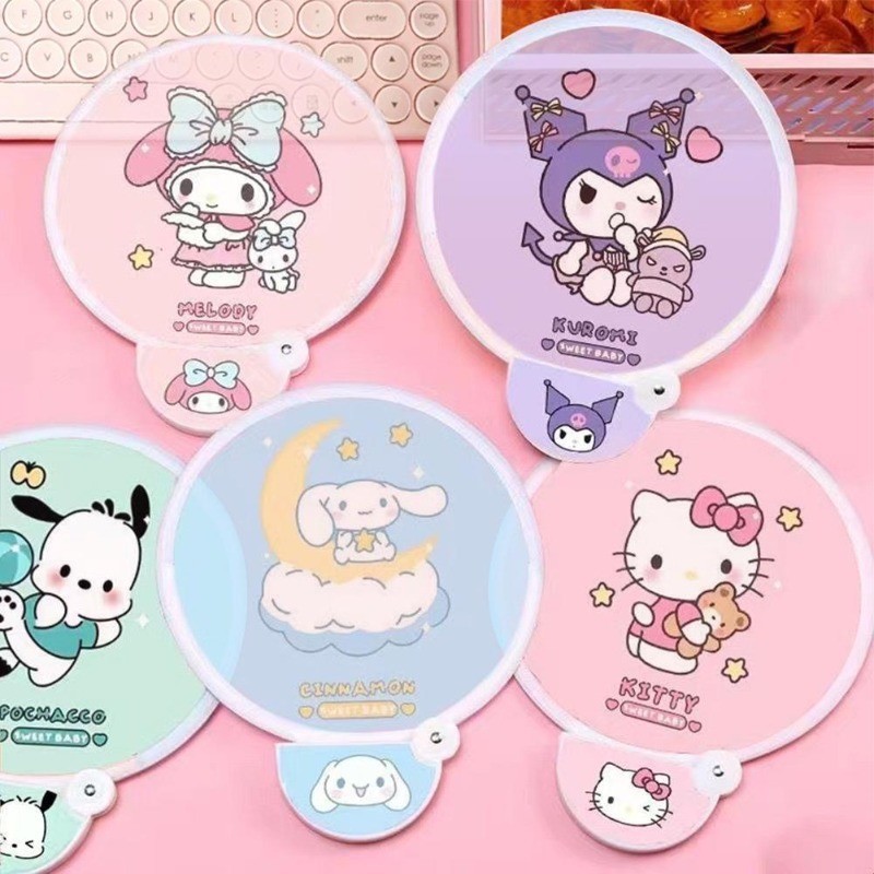 三麗鷗 Kuromi Cinnamoroll Melody 可伸縮卡通手扇迷你可愛風扇便攜圓形折扇戶外可折疊手持風扇學生