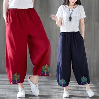 民族風女褲藝文復古刺繡鬆緊腰燈籠褲休閒九分褲子 大尺碼女褲