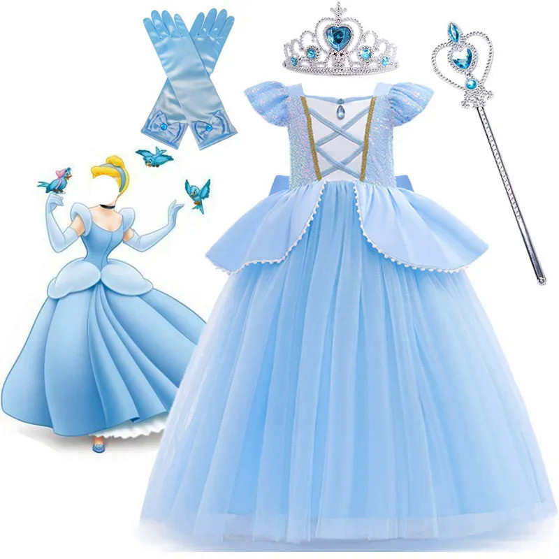 灰姑娘角色扮演服裝兒童服裝女孩亮片公主裙帶皇冠手套生日派對舞會禮服 3-10 歲