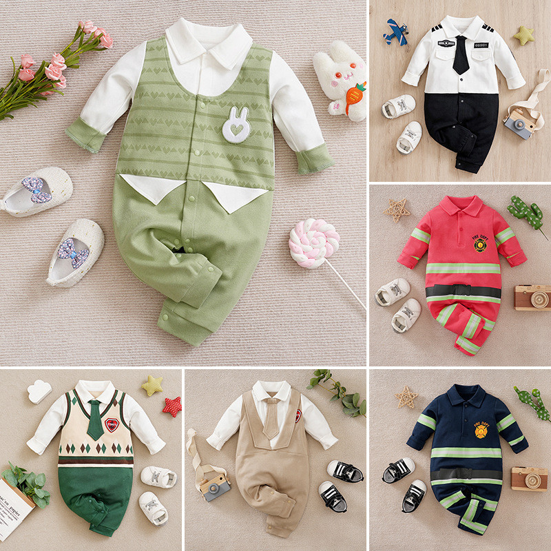 嬰兒連身衣 歐美風長袖 新生兒爬服 帥氣週歲滿月寶寶小禮服