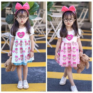 KISS KIDS 【現貨熱賣】夏季 日韓 女童洋裝 可愛小熊拼接 連身裙時尚 中兒童 裙子卡通半身裙