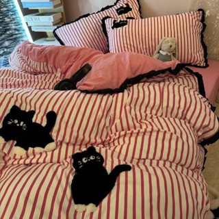 【MISS LUNA 】N床包組 單人床包 雙人床包 可愛卡通刺繡ins小黑貓水洗棉四件套玫紅條紋被套床單宿舍三件