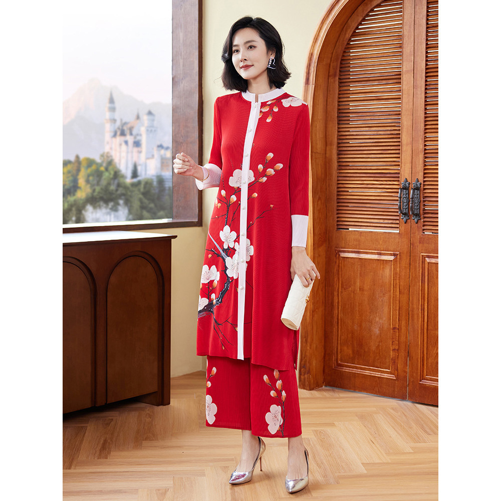 紅色套裝女春秋新款新中式國風復古印花媽媽喜服婚宴裝大尺碼兩件套