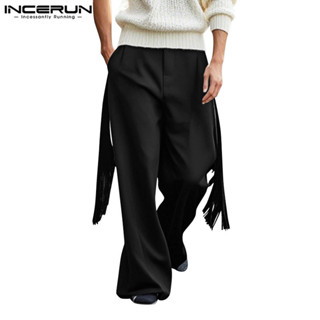 Incerun 男士復古休閒流蘇拼接寬鬆純色長褲