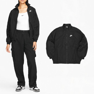 Nike 外套 NSW Essential 女款 黑 立領 刺繡 寬鬆 風衣外套 【ACS】 DM6186-010