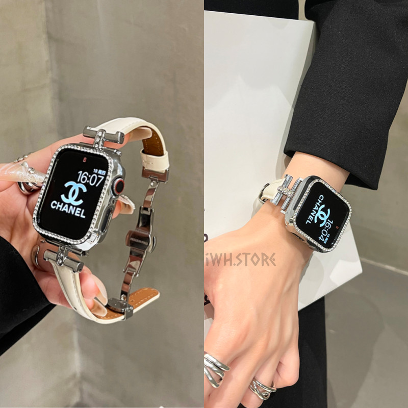 高級金屬凱旋門鑲鑽蝴蝶扣錶帶 Apple Watch S9 8 7 6 SE 真皮錶帶 41mm 45mm 蘋果手錶錶帶