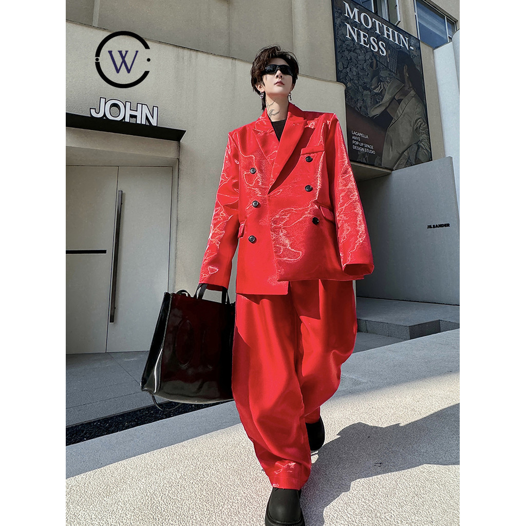 暗黑系  設計感小眾紅色西裝套裝高級感上衣oversize西裝外套男H2106PG9200  25A4  表演服裝