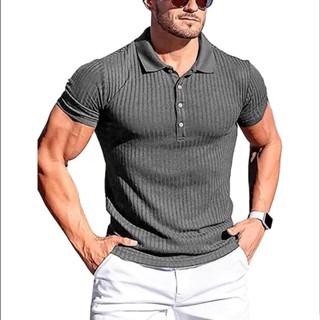 男士歐美風馬球衫/短袖馬球衫/男士跑步運動健身夏季高彈性直條長袖POLO衫緊身短袖馬球衫