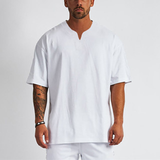 空白純棉健身男士超大 V 領嘻哈街頭服飾寬鬆健身房運動健美 T 恤