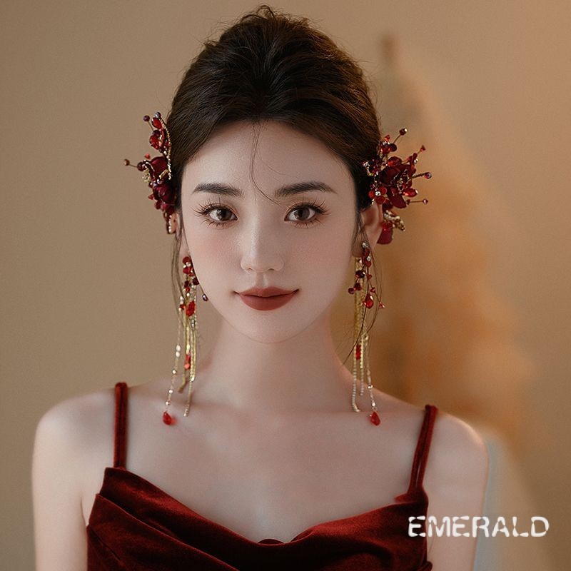 【Emerald 】新娘紅色對夾髮飾 側邊氣質時尚頭飾 結婚敬酒服禮服 旗袍晚宴配飾品