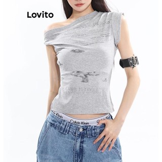 Lovito 女士休閒字母冷肩不對稱圖案 T 恤 LNE43123