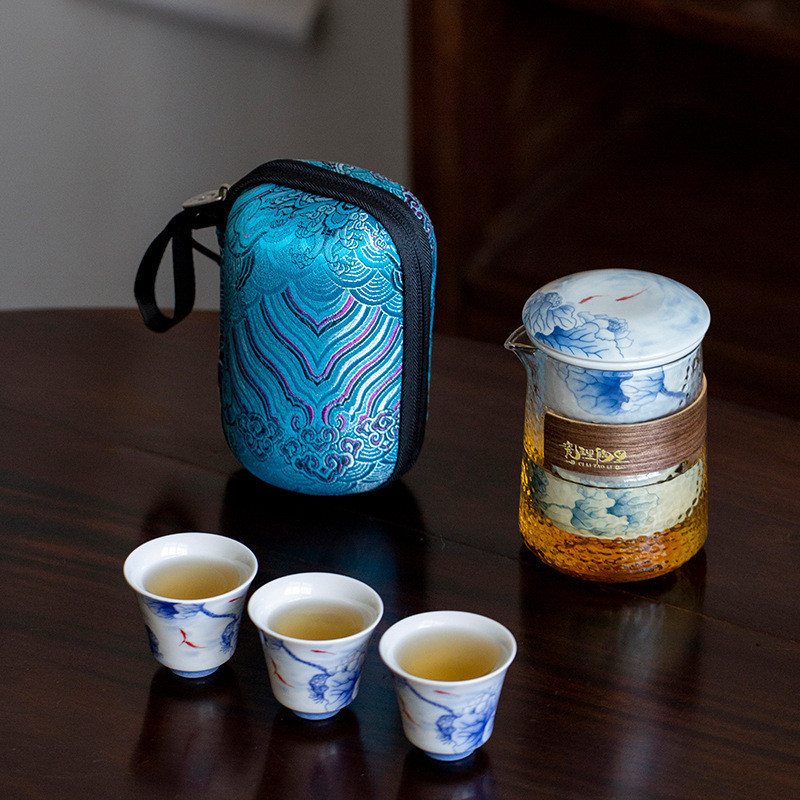 茶具組 露營 茶杯 茶壺 圍爐煮茶便攜式旅行功夫茶具套裝 青花陶瓷快客杯