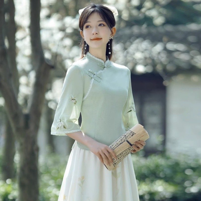 中式漢服套裝女修身旂袍上衣半身裙兩件套唐裝茶藝服