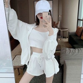 SUGEMIUSI 夏季新款網紅白色運動套裝女背心+外套+短褲時