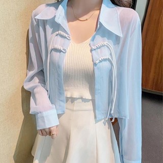 防曬衣女夏季新款薄款國風襯衫輕薄爆款長袖盤扣雪紡上衣外穿|韓版短版防曬衣|夏季翻領防曬衣|ins潮長袖襯衫