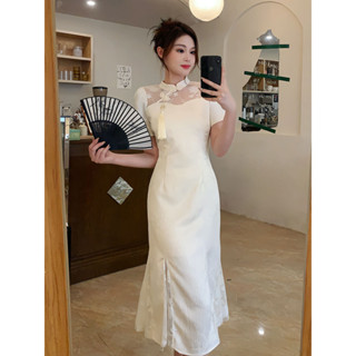 【桃喜Rich現貨】新中式女裝 M-4XL 旗袍洋裝 大碼胖妹妹 夏季新款 復古改良旗袍 蕾絲拼接連衣裙 杏色短袖洋裝