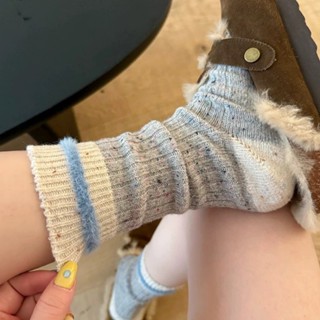 水貂絨點子紗粗線條紋襪子女加厚保暖韓系ins撞色點紗中筒堆堆襪