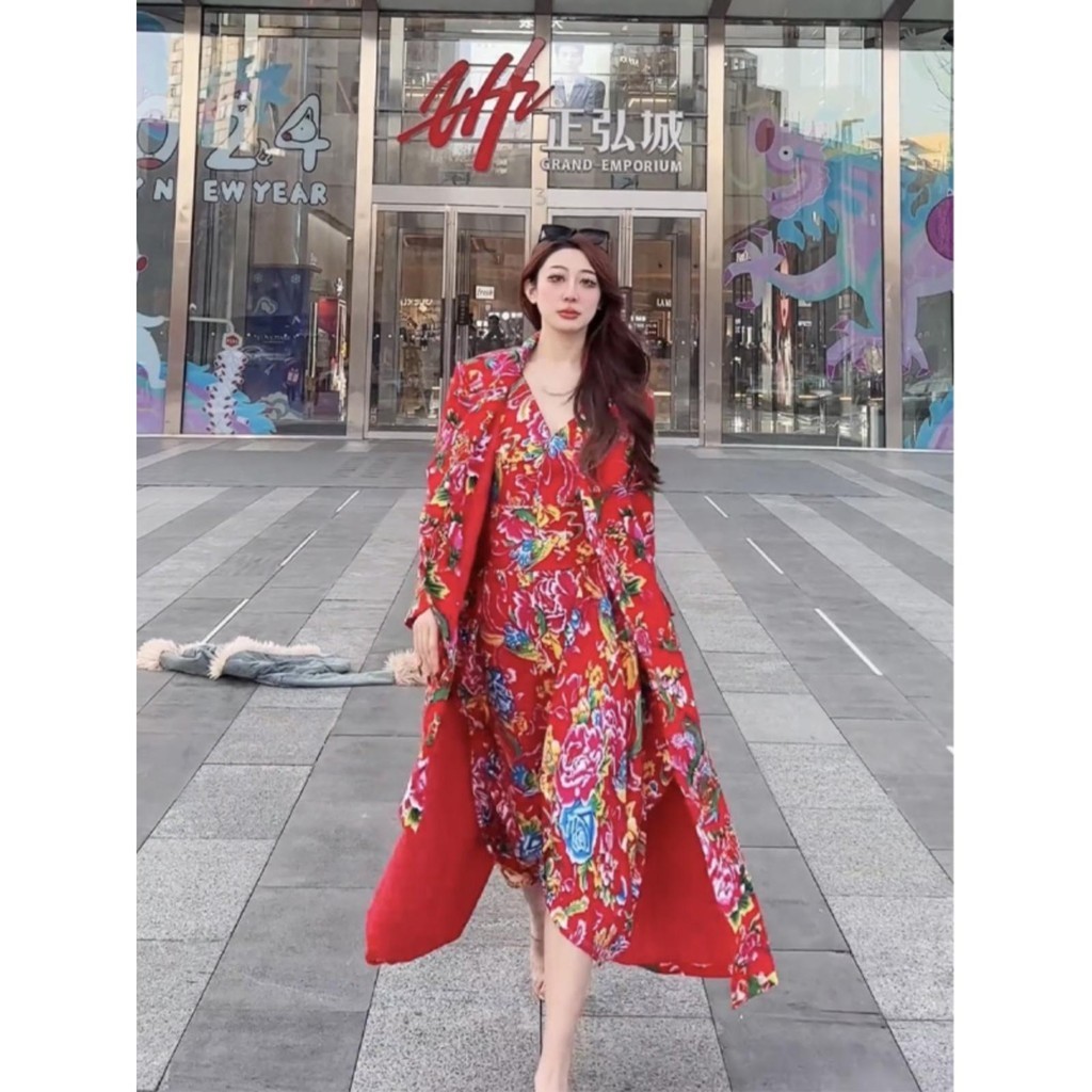 【現貨免運】哈爾濱穿搭藏式東北大花風衣外套女秋冬開春新中式中國風紅色西裝