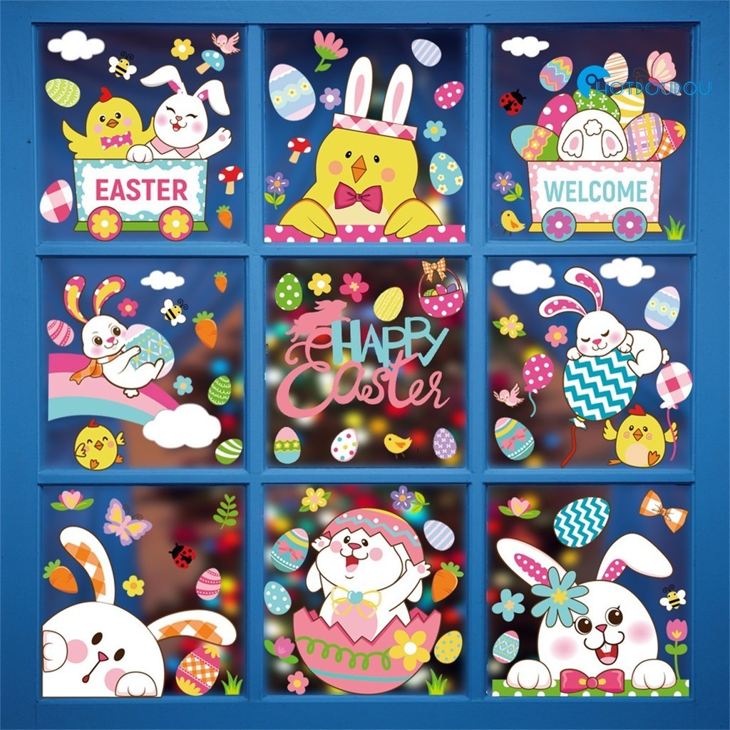 復活節貼紙兔子彩蛋可愛卡通牆貼復活節裝飾靜電貼畫