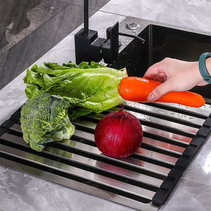 304不鏽鋼水槽瀝水架可摺疊廚房置物架碗碟收納架水果晾乾架