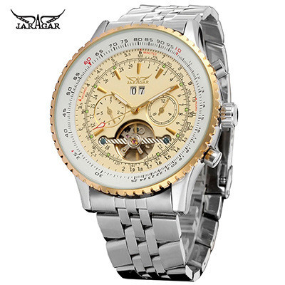 熱銷時尚6針全自動JARAGAR機械手錶男士鋼帶機械錶腕錶現貨禮物時尚休閒