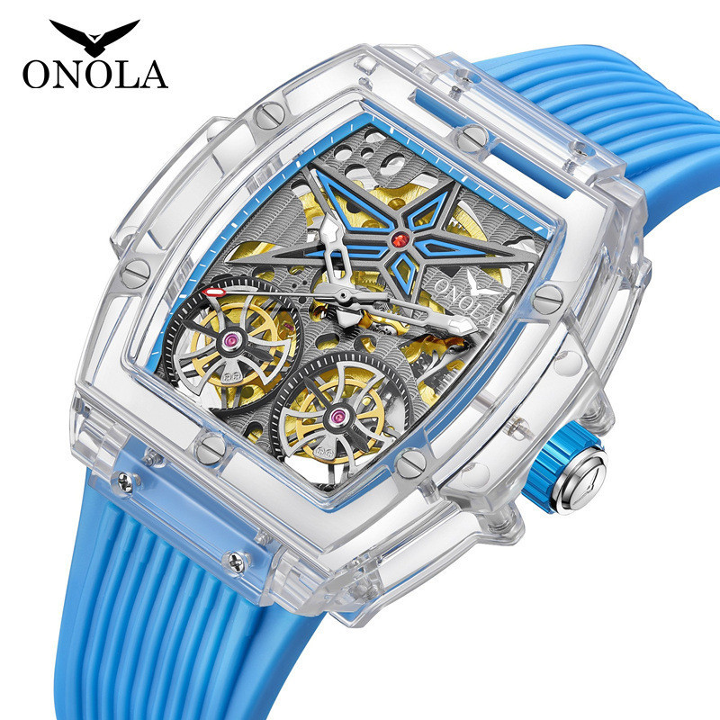 【現貨】ONOLA 6828 新款 時尚潮流 雙飛輪 全自動機械手錶 個性十足 酒桶形 矽膠帶 防水 男士手錶〔免費原裝