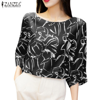 Zanzea 女式韓版時尚泡泡袖不規則設計印花襯衫