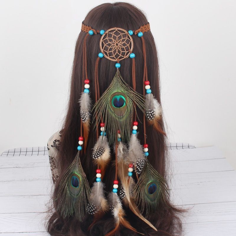 新品熱賣  髮飾 頭飾 手工編織髮飾 舞蹈捕夢網孔雀羽毛髮帶 頭帶