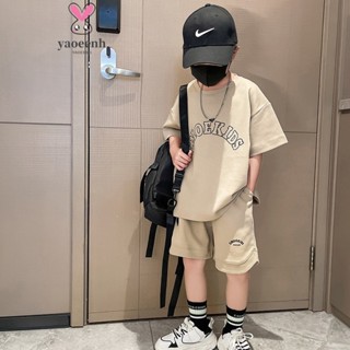 【YAOEENH】120-160CM 夏季男女童短袖短褲套裝 中大童圓領字母印花休閒運動兩件套 現貨 快速出貨