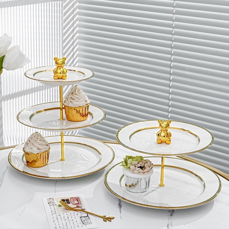 陶瓷層蛋糕盤各種顏色金銀圓形雙清單金色豪華級蛋糕盤
