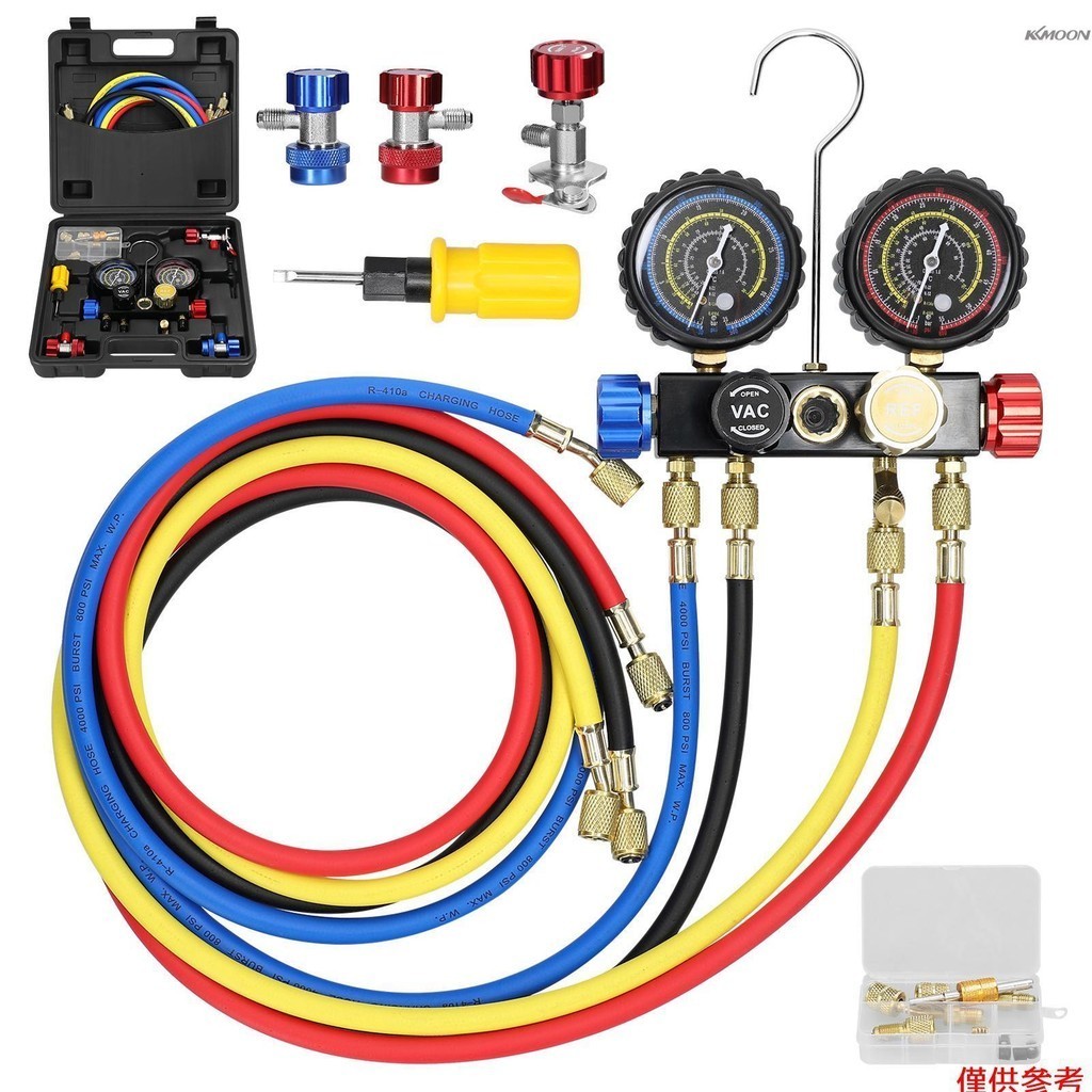 歧管儀表組空調製冷劑充電工具 4 通雙值壓力表,帶 5 英尺軟管黃銅快速接頭適配器,適用於 R22/R134a/R410