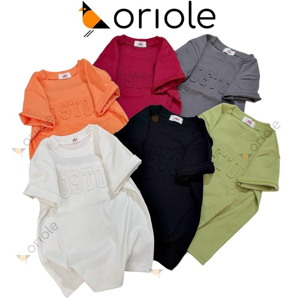 Oriole 純色圓領女式 T 恤,配以 Bosto 字母壓花 Bosto A38 棉 T 恤,白色、橙色、黑色、綠色、